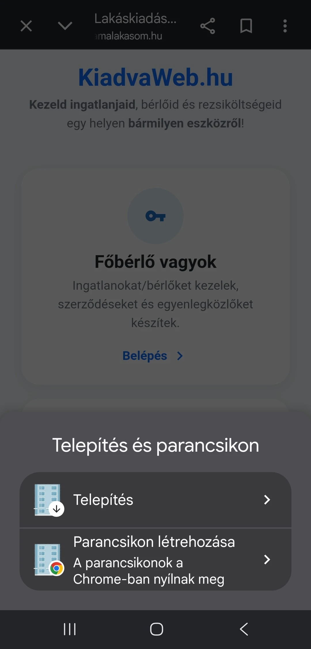 Válaszd a Telepítés opciót