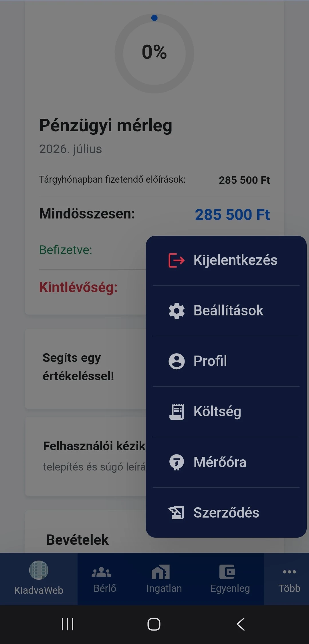 A telepített alkalmazásban a Beállítások menüpont