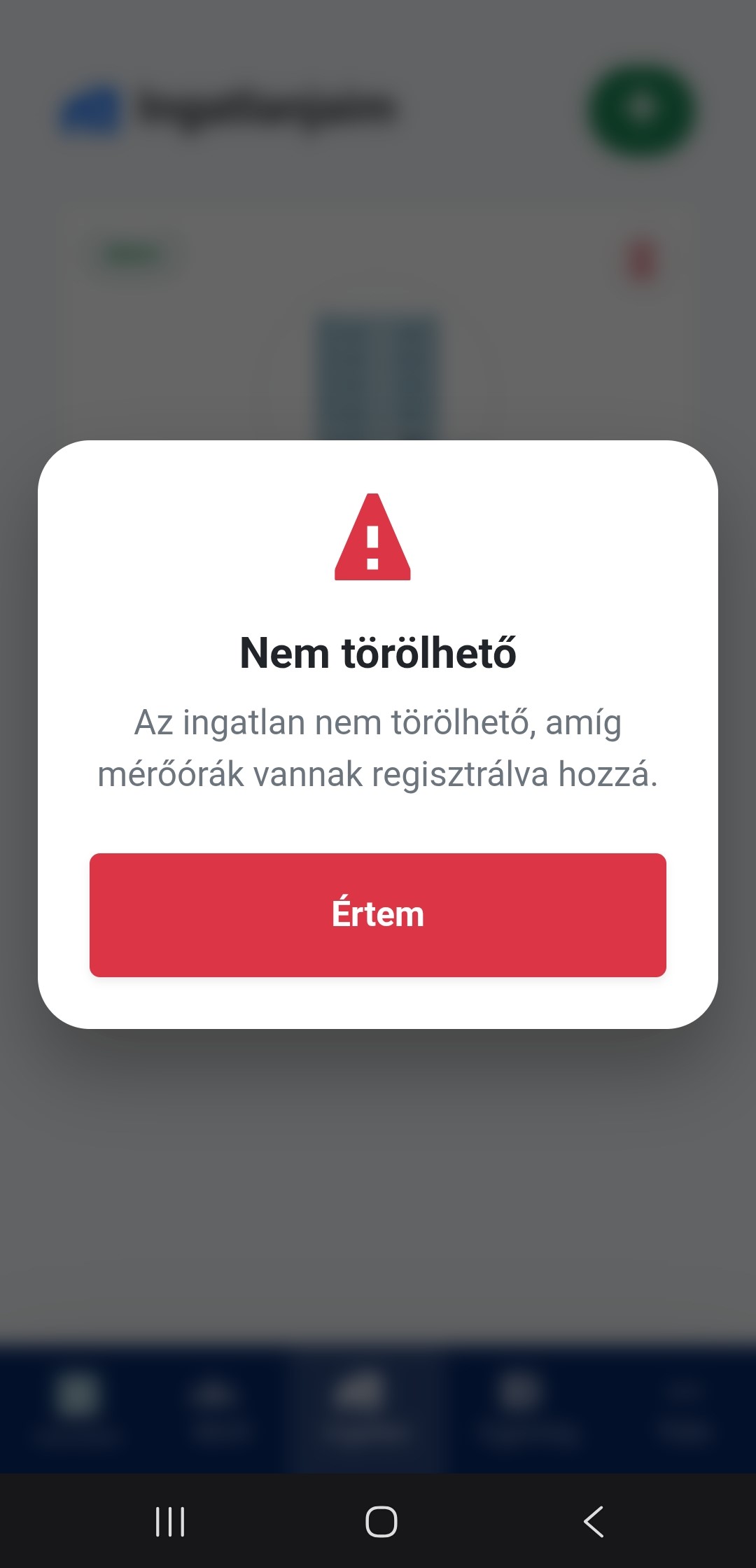 Ingatlan törlés hiba mobil nézetben