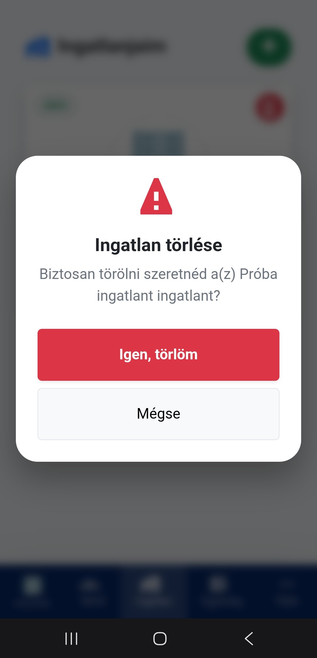 Ingatlan törlése felület mobil nézetben