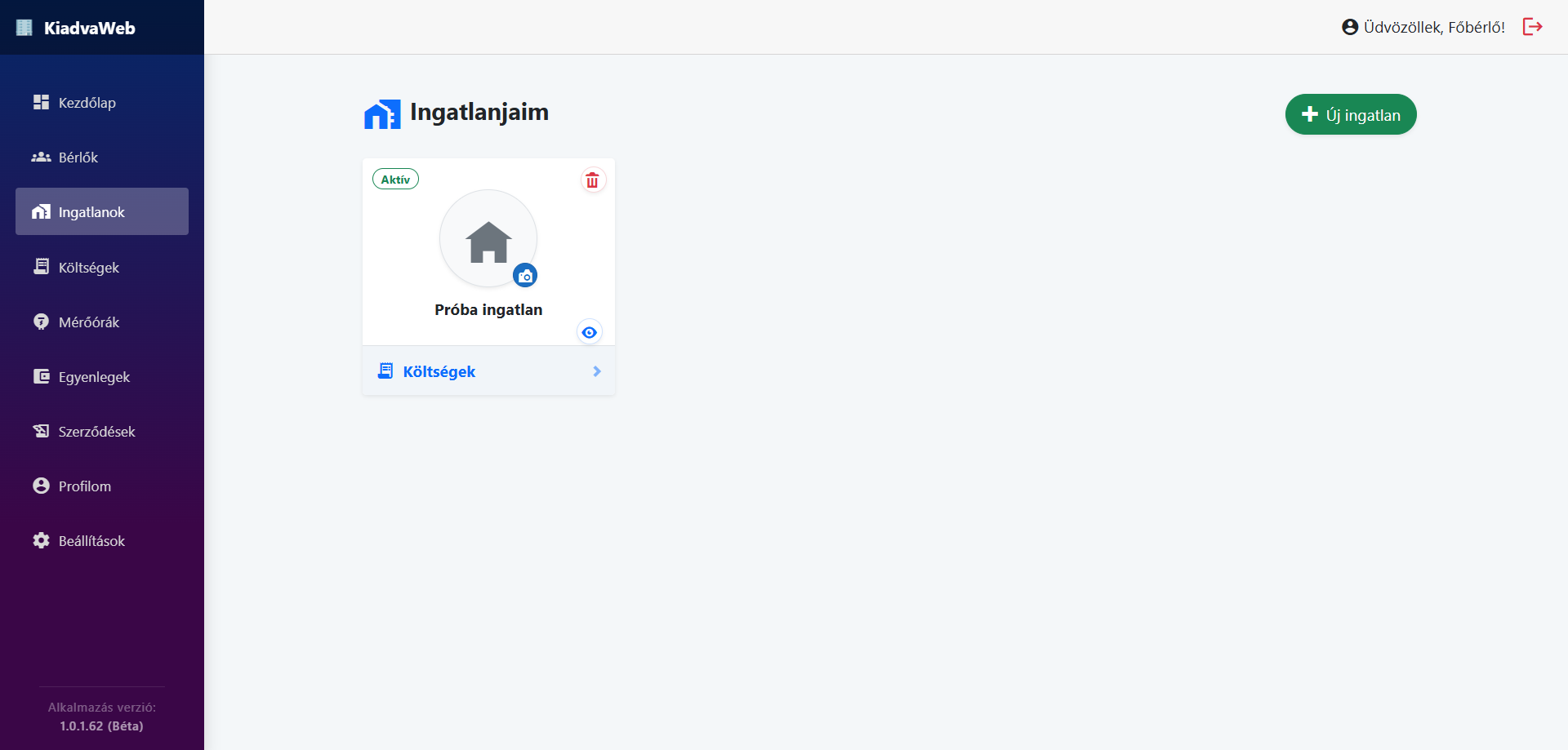 Ingatlan módosítása felület asztali nézetben