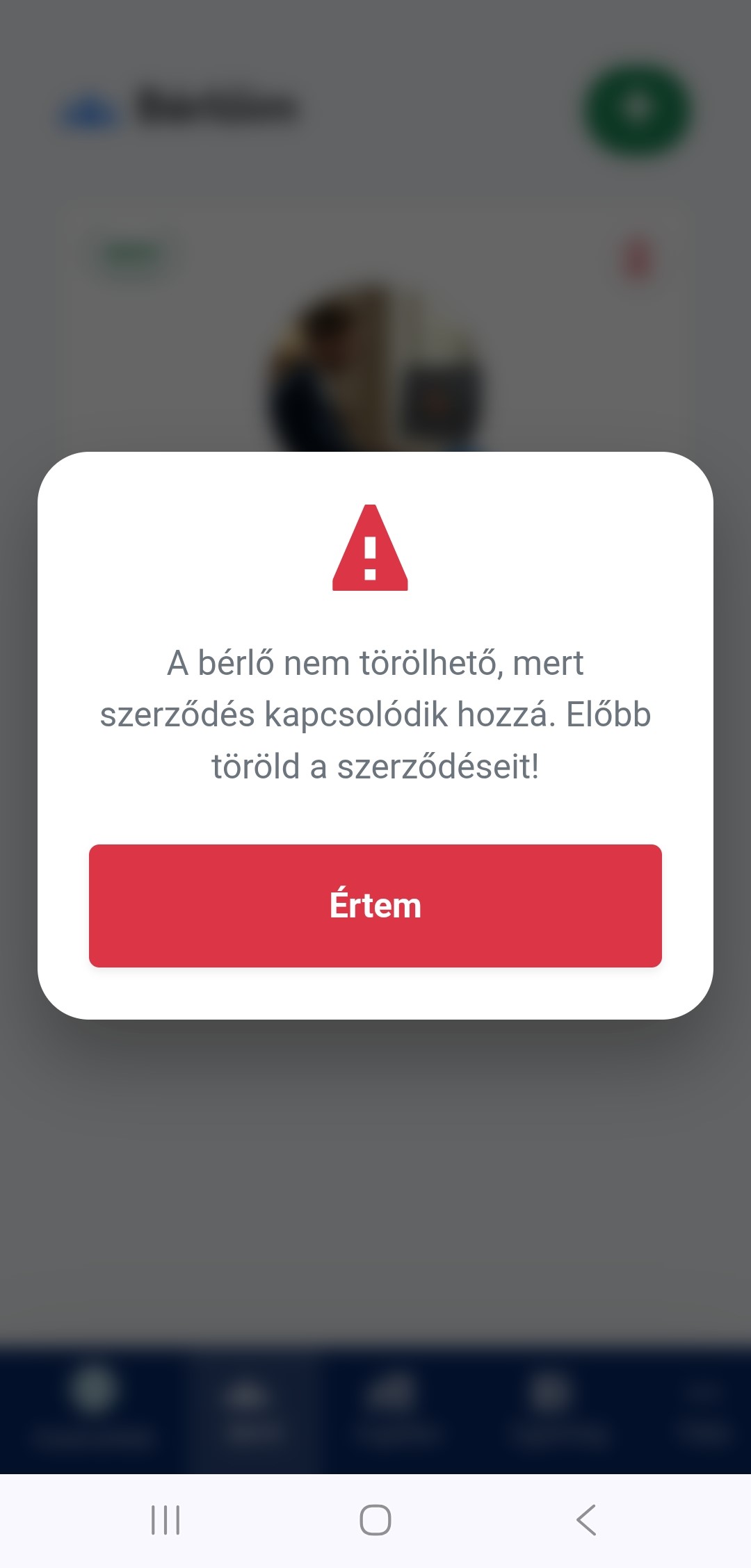 Bérlő törlés hiba mobil nézetben