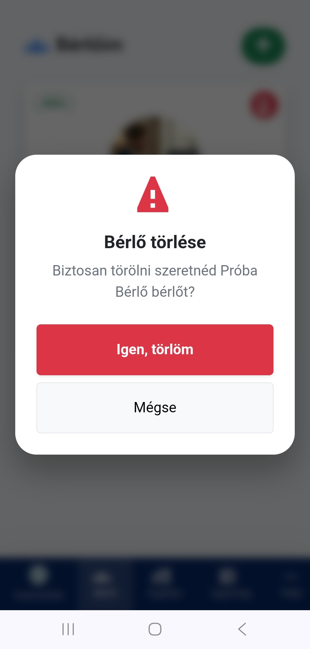 Bérlő törlése felület mobil nézetben