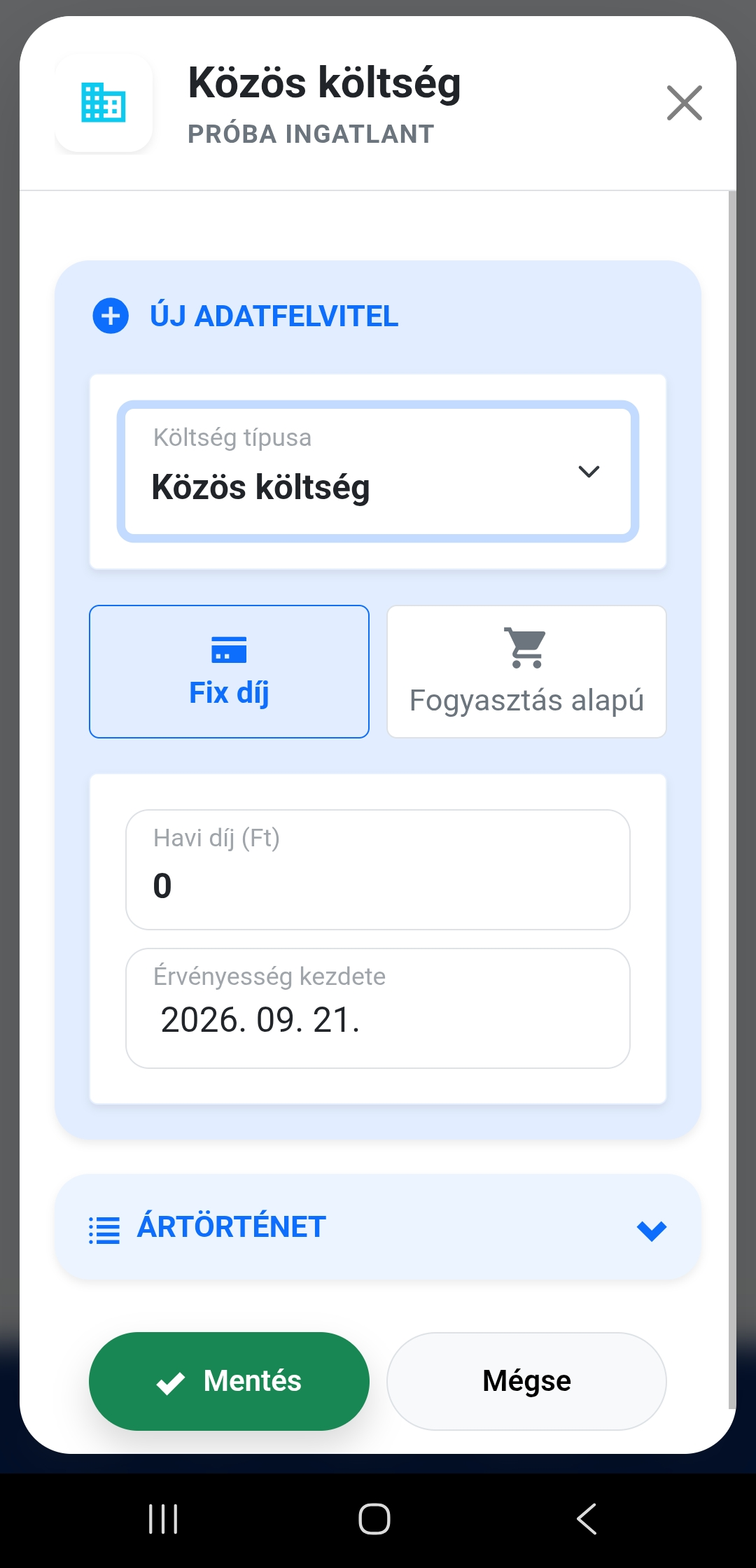 Fix alapú költség hozzáadása felület mobil nézetben