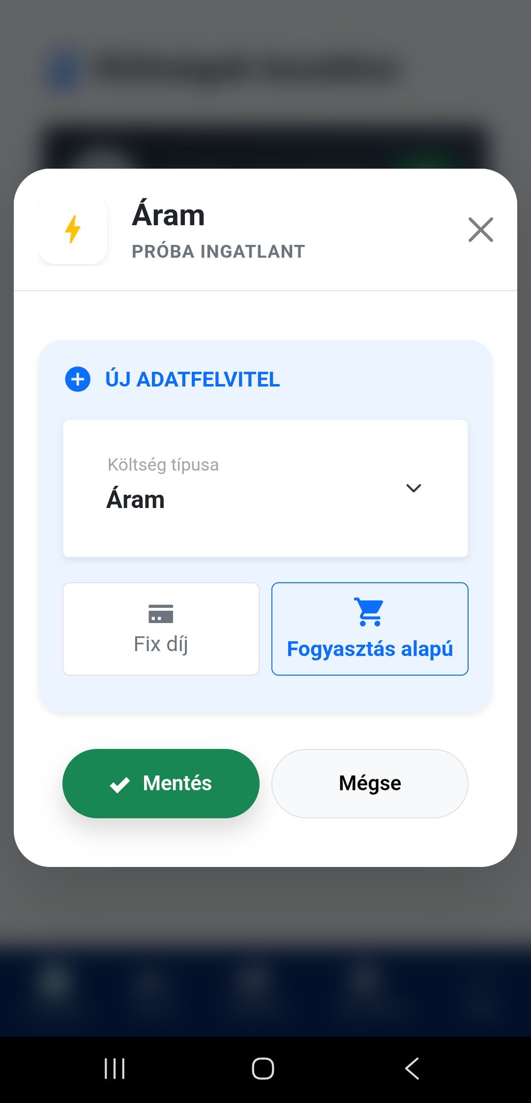 Fogyasztás alapú költség hozzáadása felület mobil nézetben