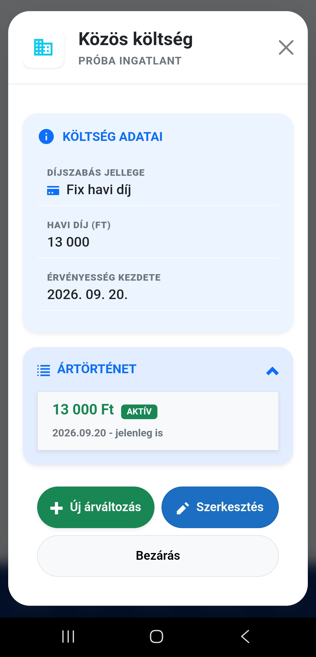 Fix költség hozzáadása felület mobil nézetben