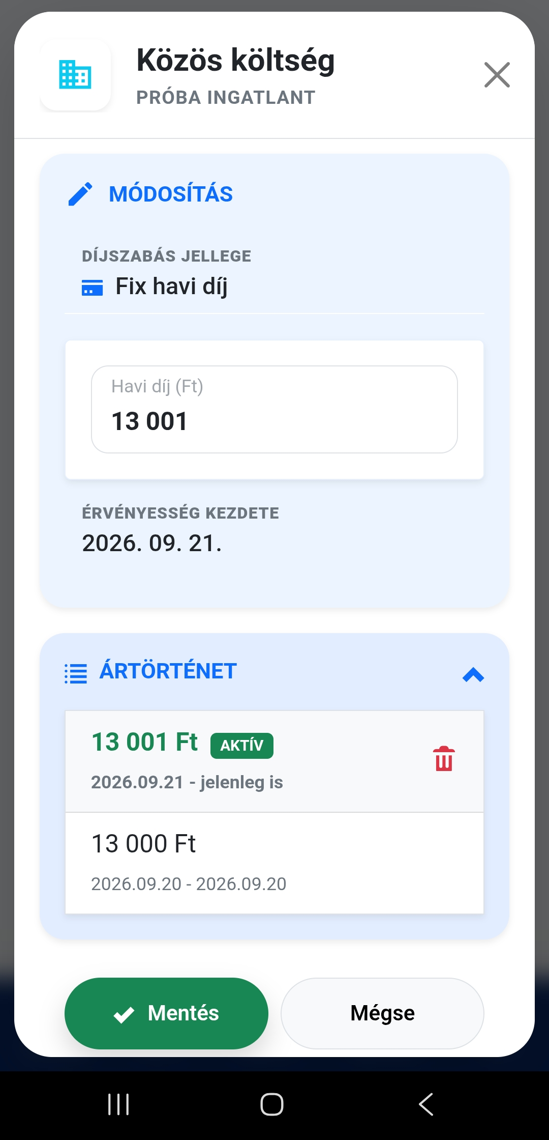 Díj törlése mobil nézetben