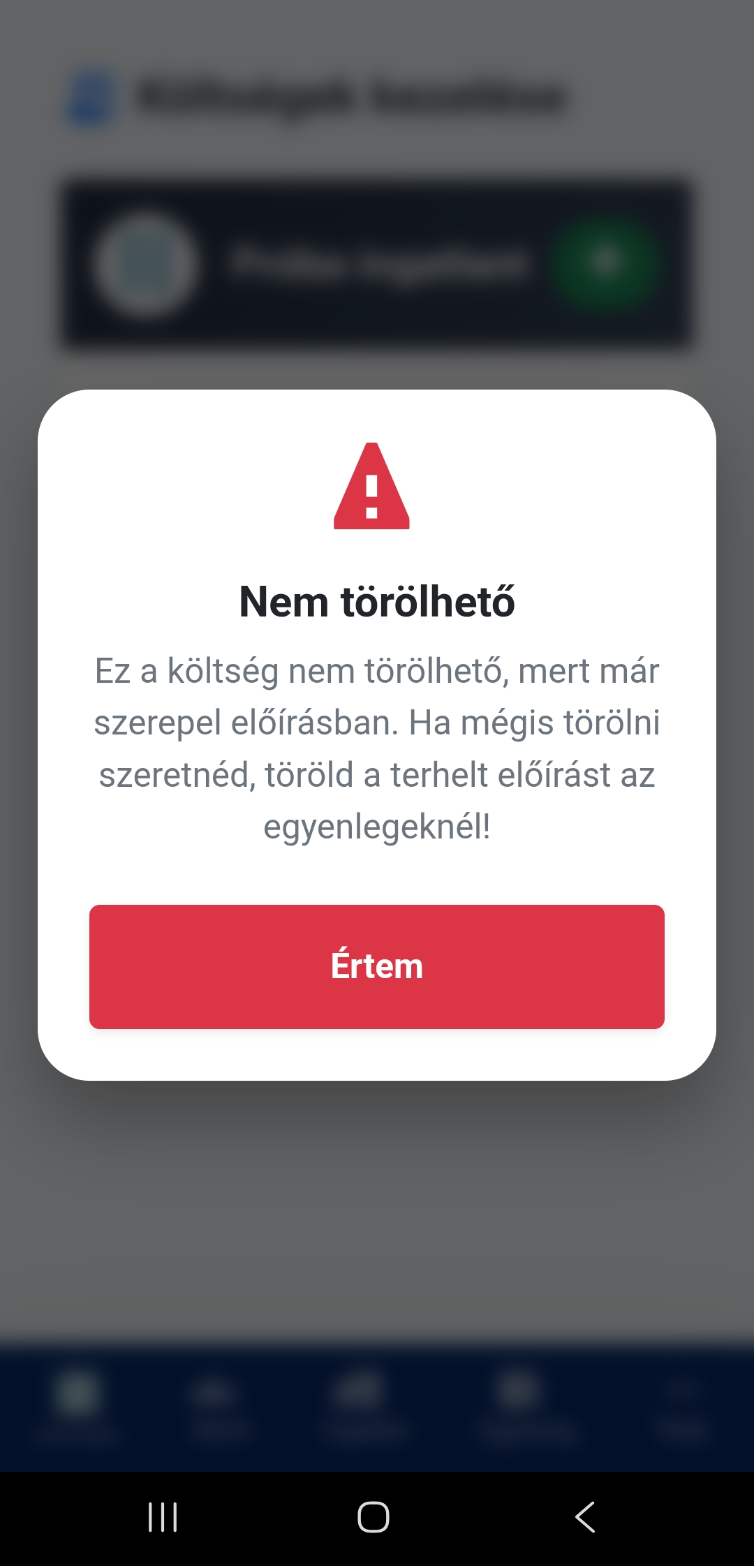 Költség törlés hiba mobil nézetben