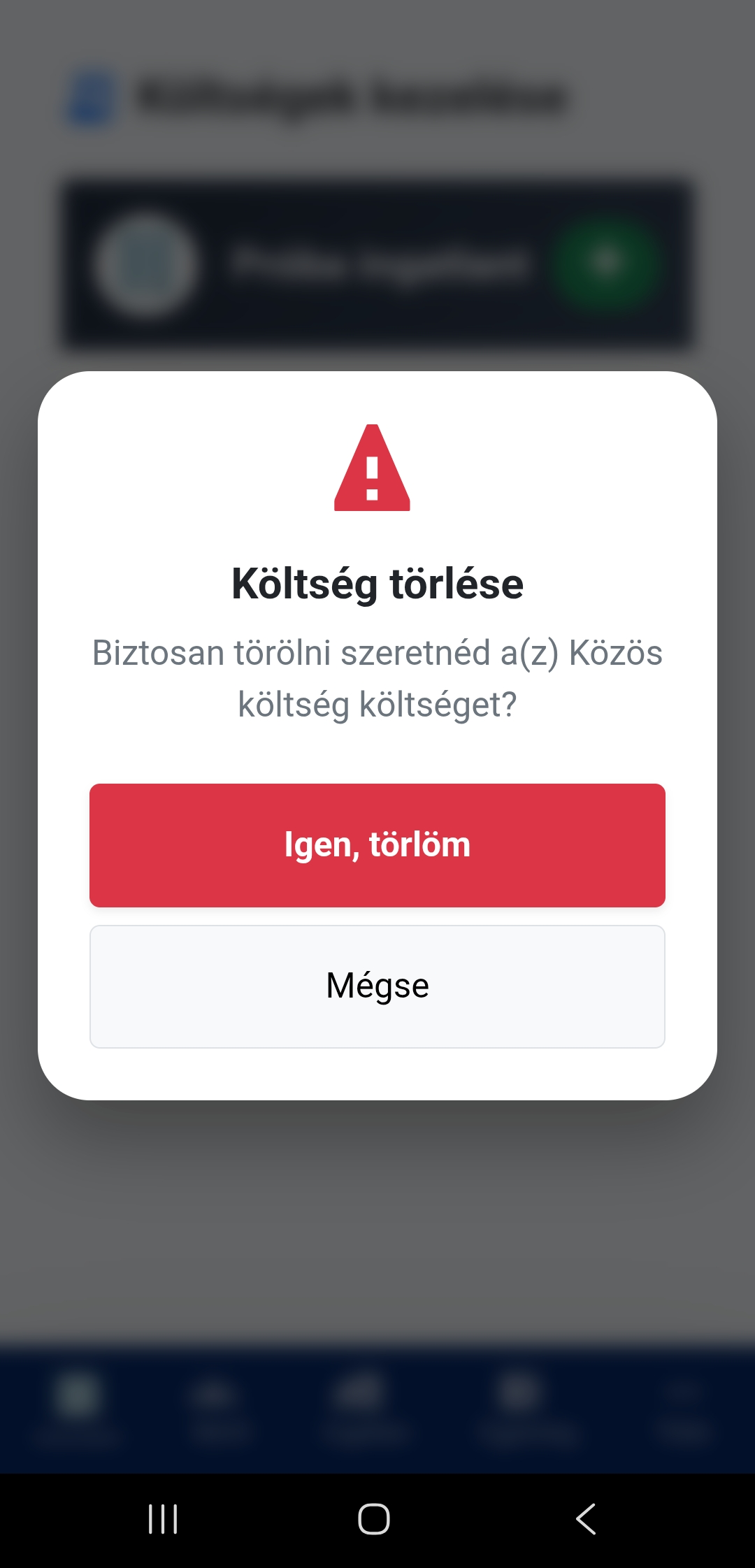 Költség törlése felület mobil nézetben