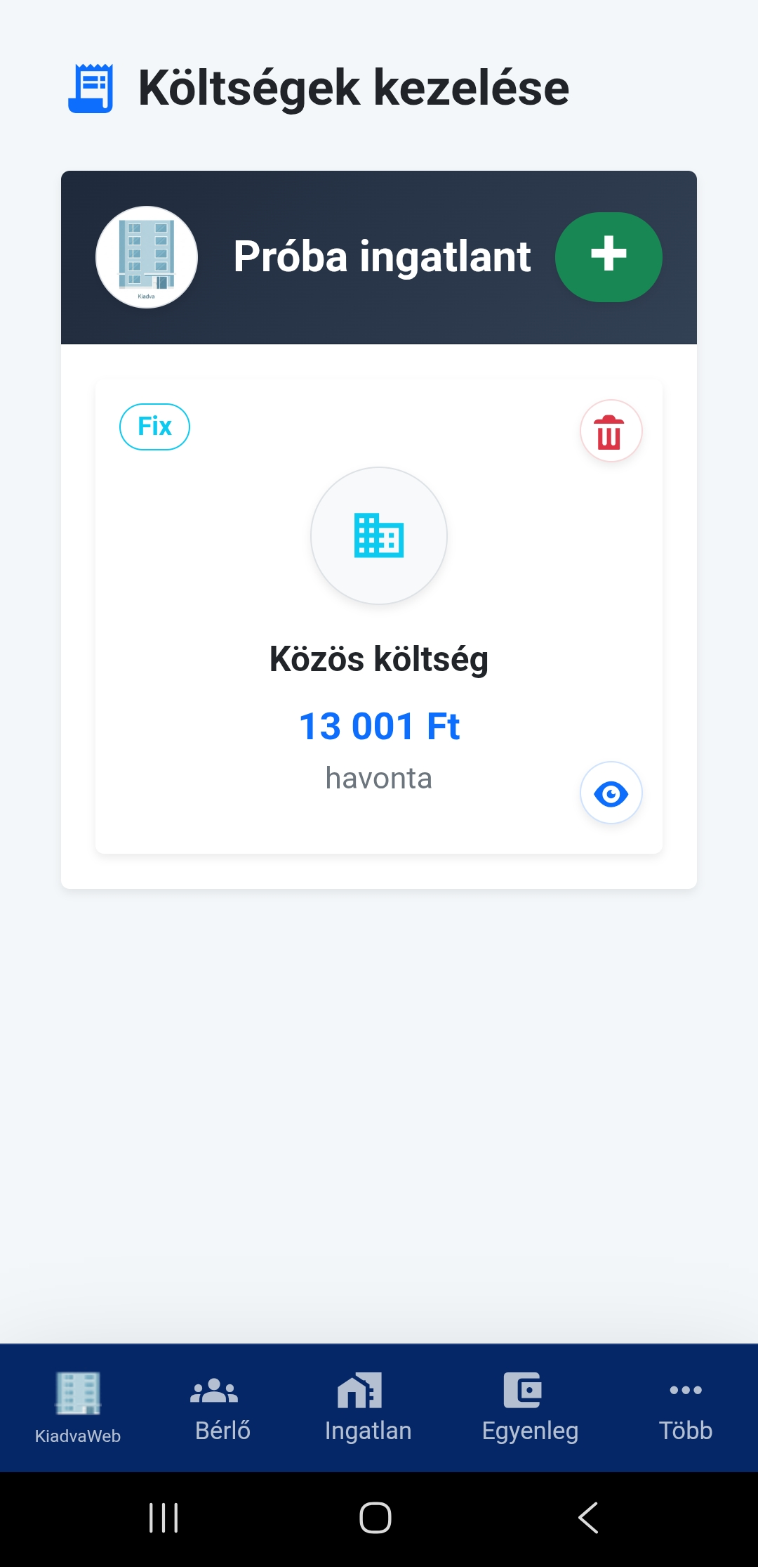 Költség módosítása felület mobil nézetben